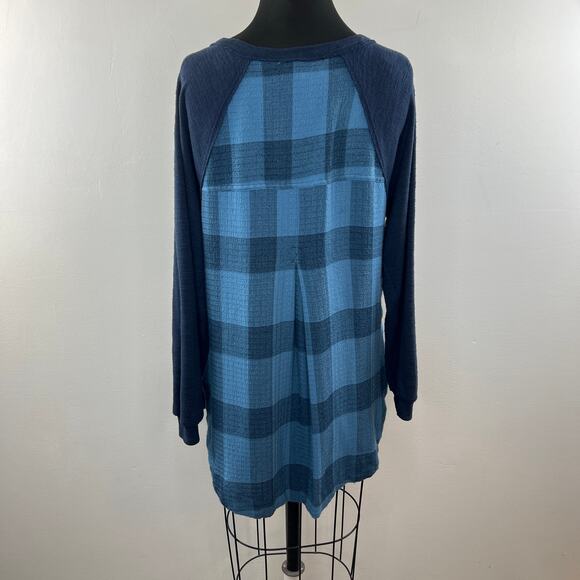 Anthropologie Pilcro Blue Sweater Top Plaid Plunge Neck Inverted Pleat Size XS - Picture 7 of 10